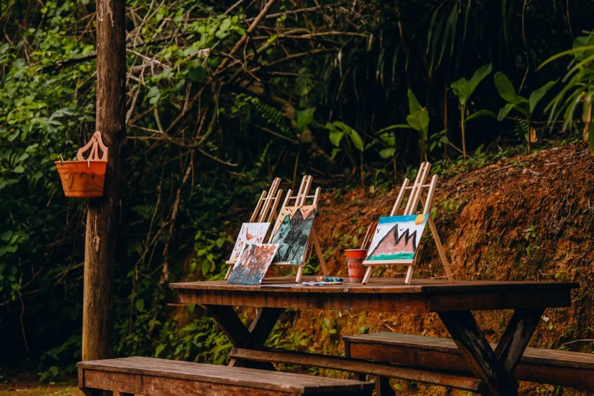 Easels with finished paintings at an outdoor paint session