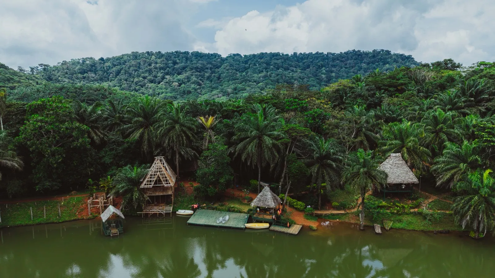 Aerial view of the lakeside camp and boat dock